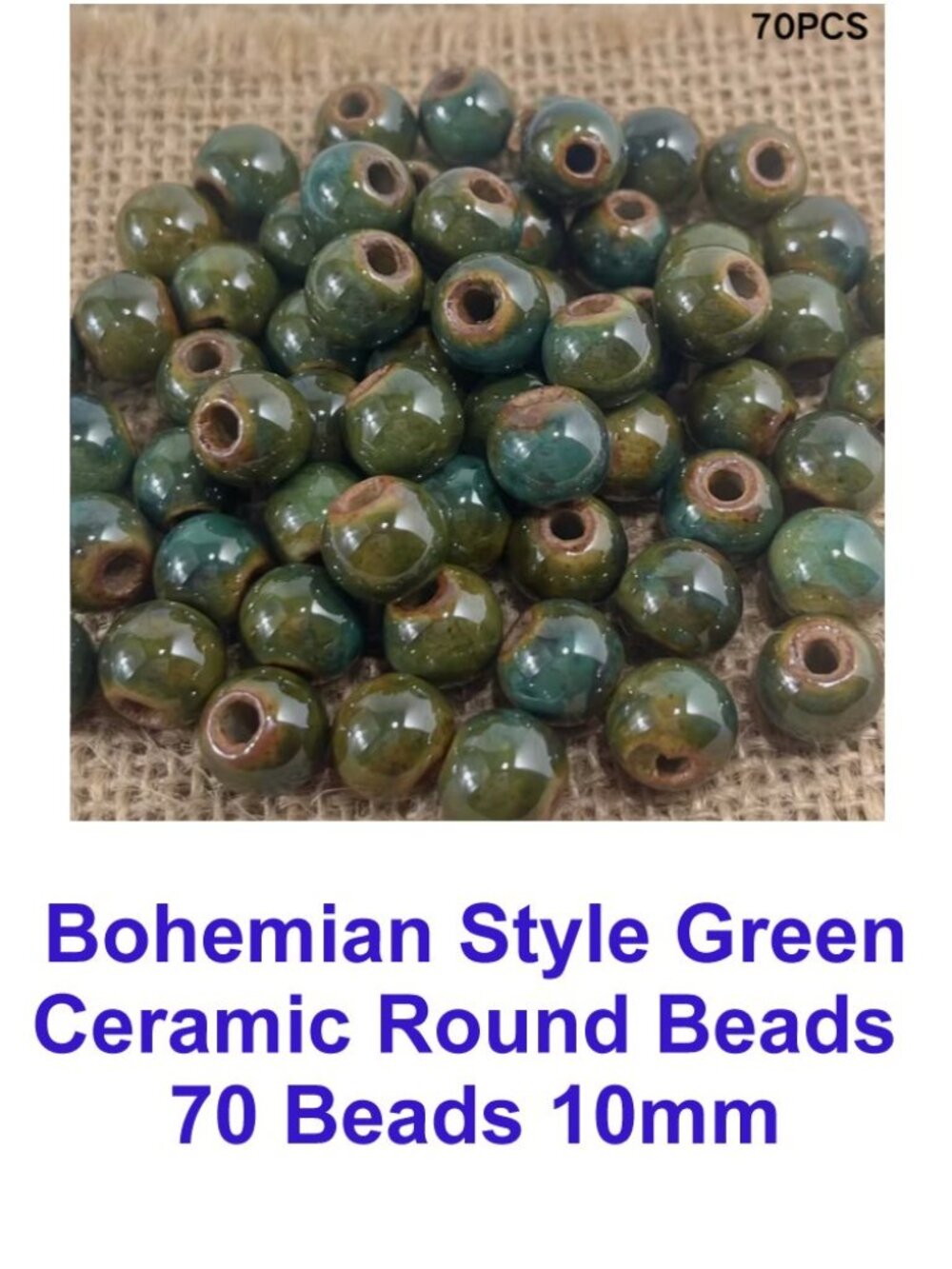 Bohemian Style Green Ceramic Round Beads  70 Beads 10mm